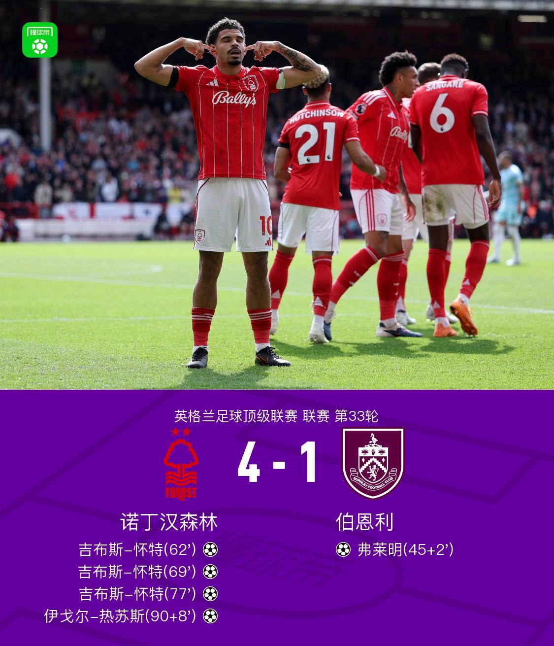 诺丁汉森林4-1伯恩利，吉布斯-怀特戴帽导演逆转